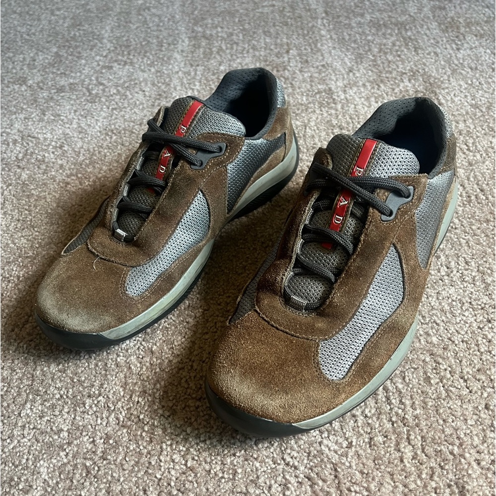 VTG 00s / Y2K Prada Americas Cup Brown Suede Leather Sneakers - Picture 2 of 7